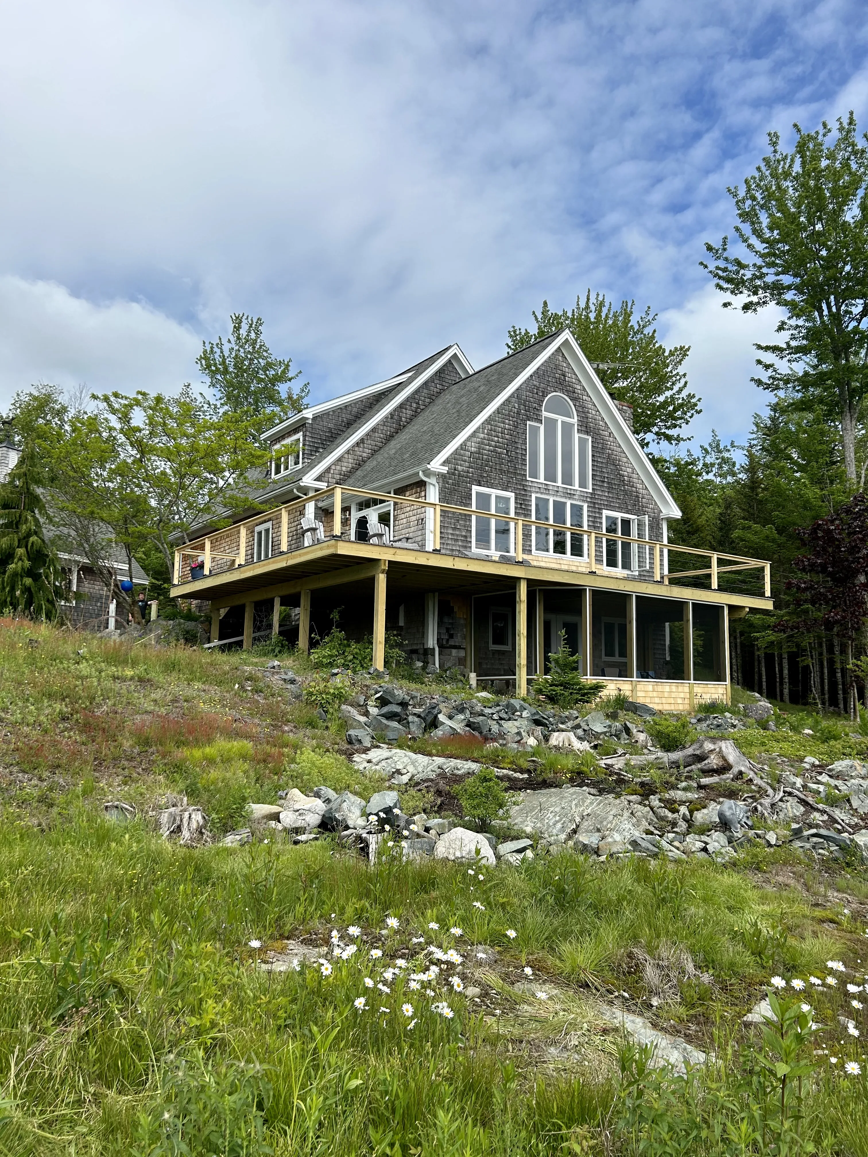 Custom deck and screen room overlooking Flanders Bay, Bar Harbor Maine
